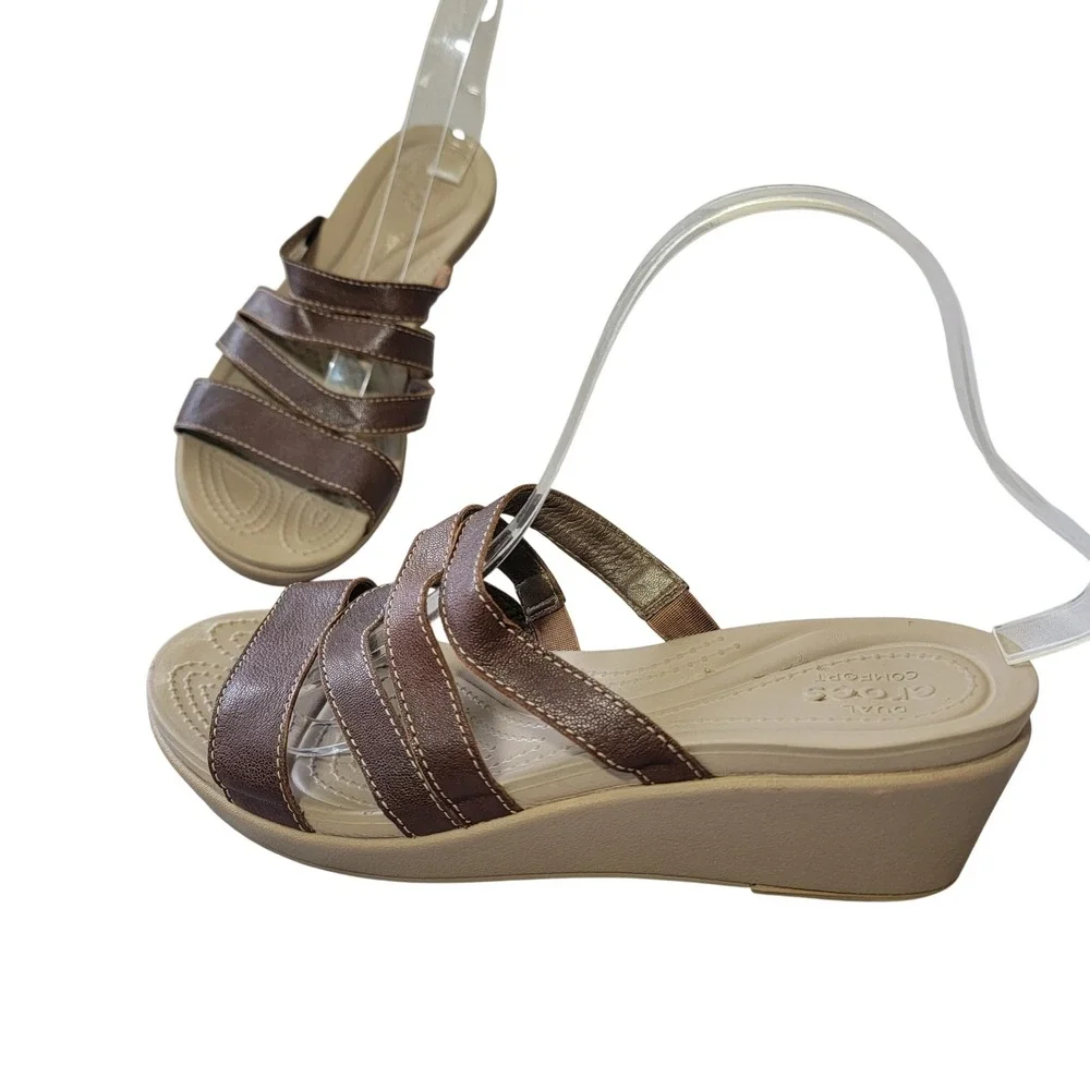 Crocs‎ Leigh-Ann Mini Wedge Espresso Mushroom Strappy Mules Sandals Brown Tan 8